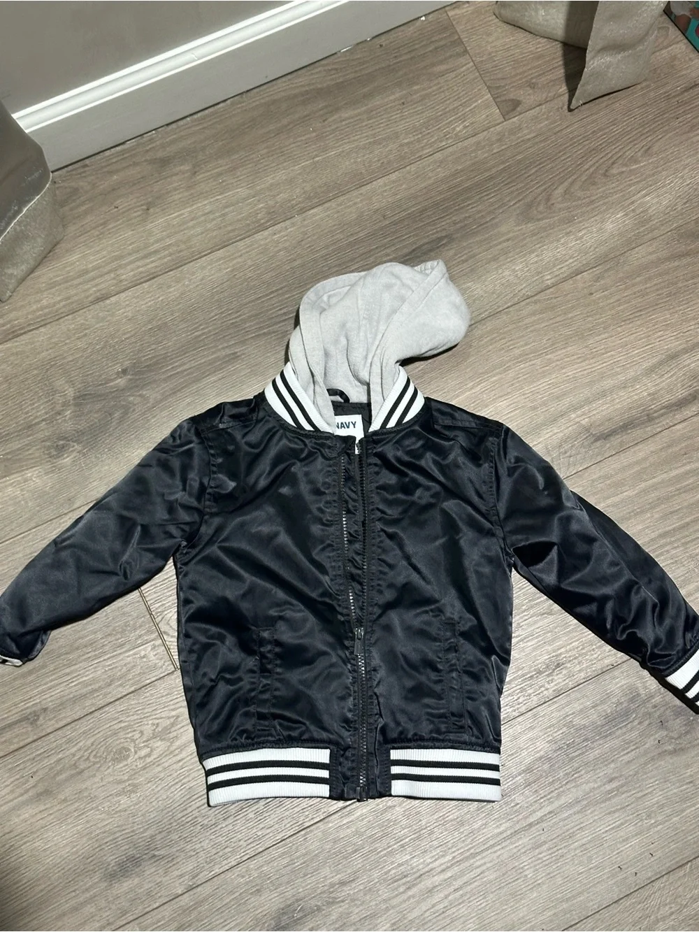 Old Navy Black Jacket with White Hood and Striped Collar